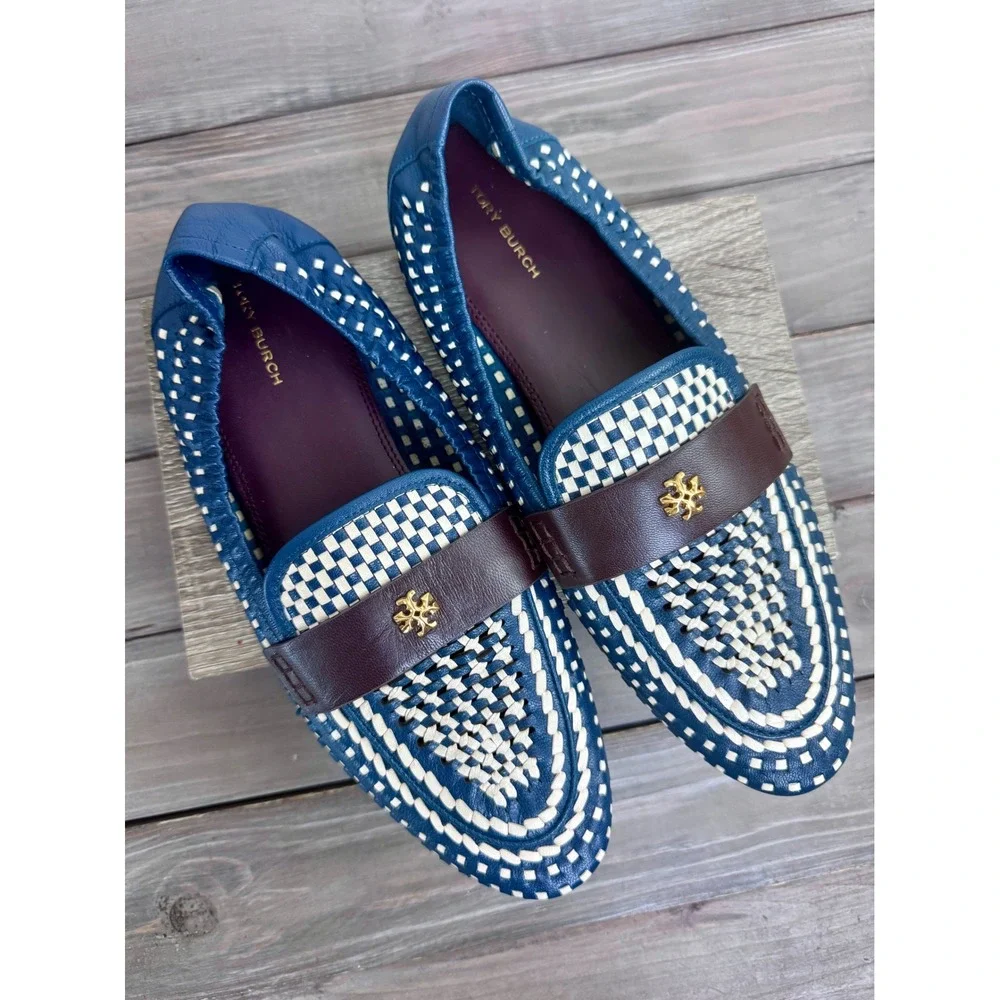 NWOT Tory Burch Blue White Woven Leather Loafers Gold Double T Driving Mocs 9.5M
